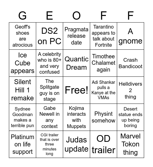 TGA 2025 Bingo Card