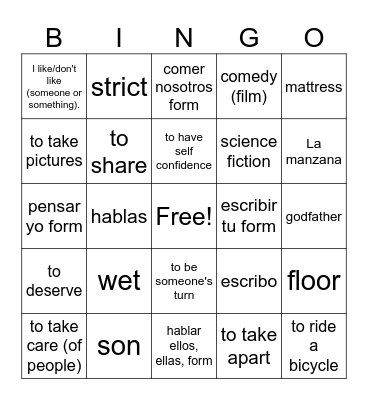 Spanish Review Unit 1-2 Bingo Card