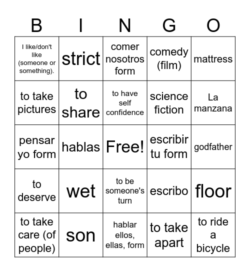 Spanish Review Unit 1-2 Bingo Card
