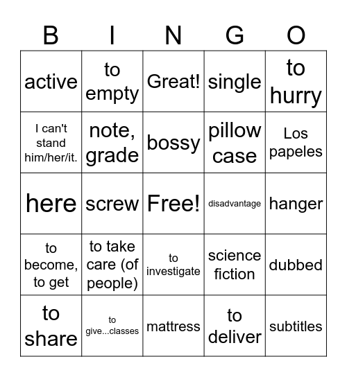 Spanish Review Unit 1-2 Bingo Card
