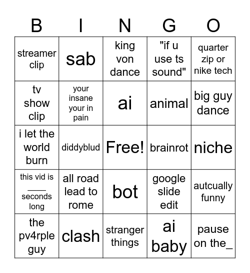 tiktok Bingo Card
