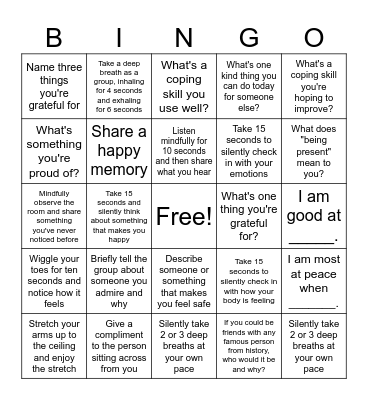 Mindfulness Bingo Card