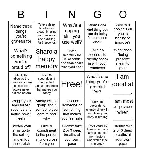 Mindfulness Bingo Card