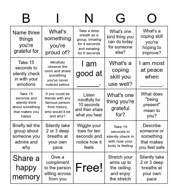 Mindfulness Bingo Card