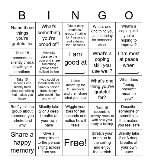 Mindfulness Bingo Card