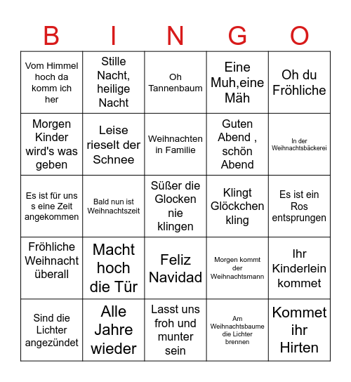 Weihnachtslieder Bingo Card