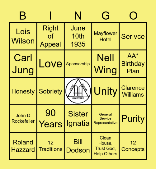 Alcoholics Anonymous Bingo Card