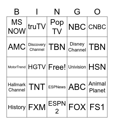 TV Channels Bingo Card