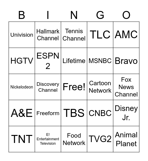 TV Channels Bingo Card