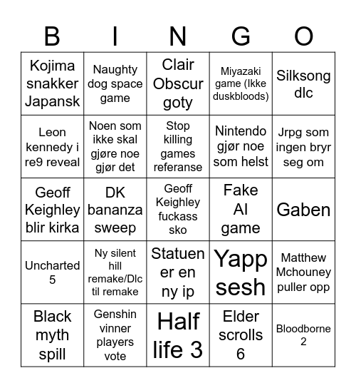 Game awards 2025 Bingo Card