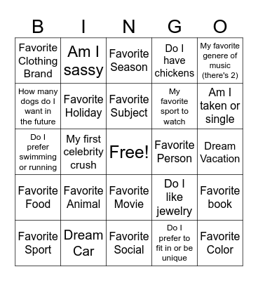 Get to know me Bingo Card