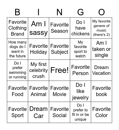 Get to know me Bingo Card