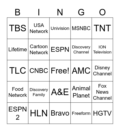 TV Channels Bingo Card