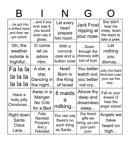 Christmas Song Bingo Card