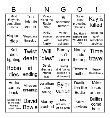 Stranger Bingo Card