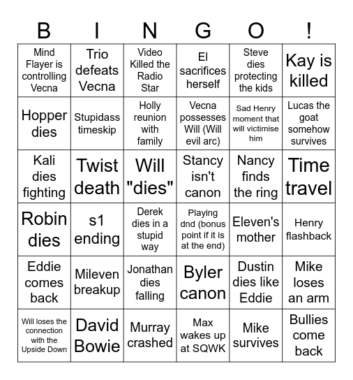 Stranger Bingo Card