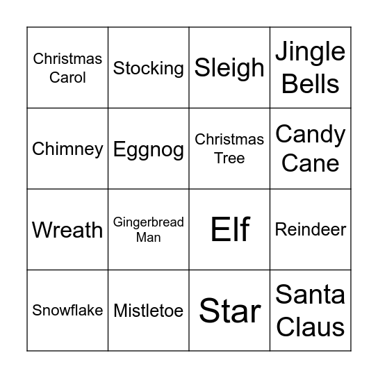 Christmas Vocabulary Bingo Card