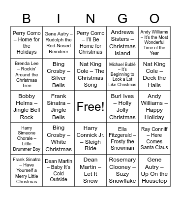 Holiday Classics & Crooners Bingo Card