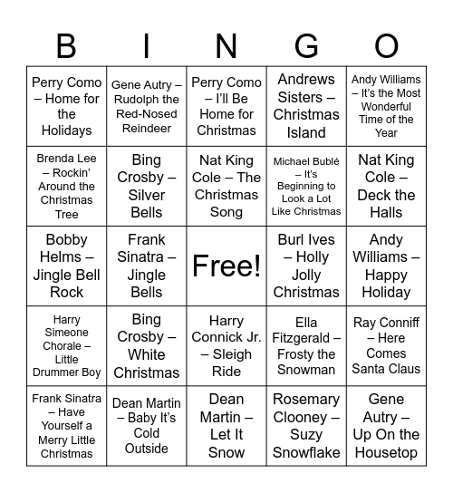 Holiday Classics & Crooners Bingo Card
