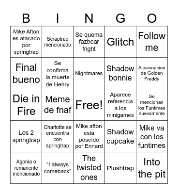 Fnaf 3 Bingo Card