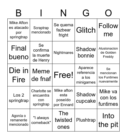 Fnaf 3 Bingo Card