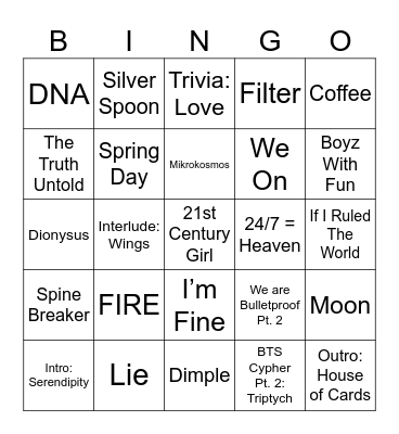 BTS Bingo Card