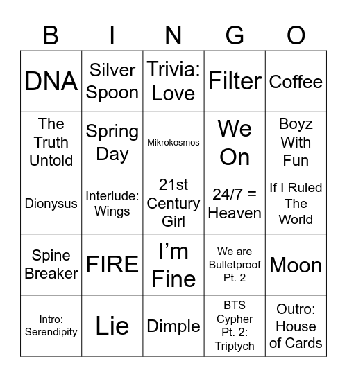 BTS Bingo Card