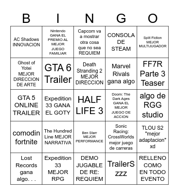 The Game Awards 2025 Bingo Card