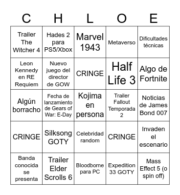 Game Awards 2025 Bingo Card