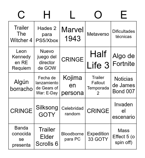 Game Awards 2025 Bingo Card