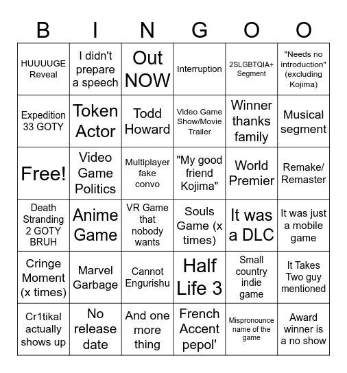 TGA 2025 Bingo Card