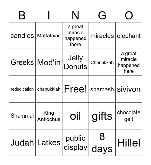 Hanukkah Bingo Card