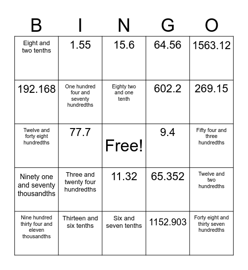 Decimals Bingo Card