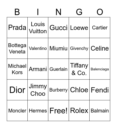 Biba Luxury Bingo Card