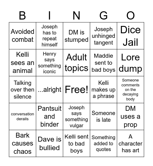 alliance Bingo Card