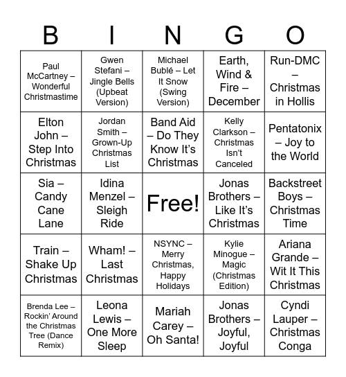 Holiday Hits That Make You Dance Bingo Card