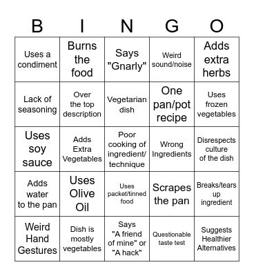 Jamie Oliver Cooking Bingo Card