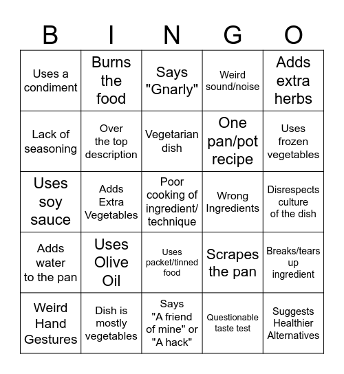 Jamie Oliver Cooking Bingo Card
