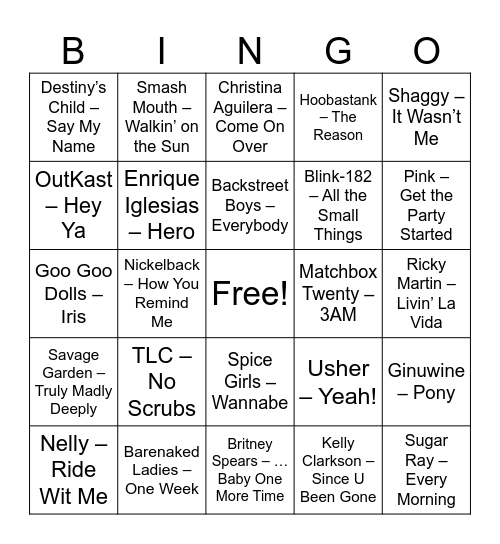 90s & 2000s Throwbacks Bingo Card