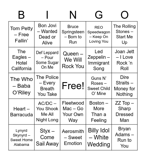 Rock Legends Bingo Card