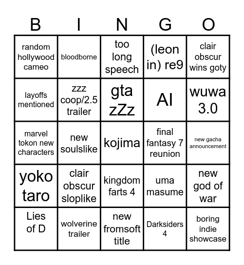 Honk Honk TGA Bingo Card