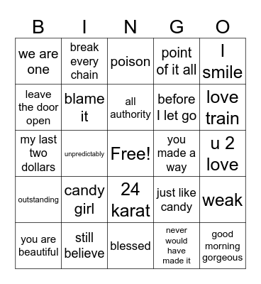 R&B -Inspirational Songs Bingo Card