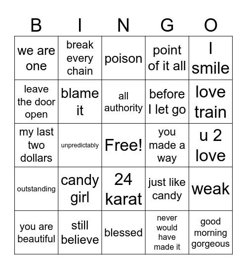 R&B -Inspirational Songs Bingo Card