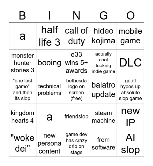 game awards Bingo Card