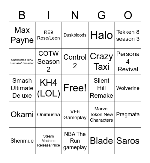 Game Awards 2025 Bingo Card
