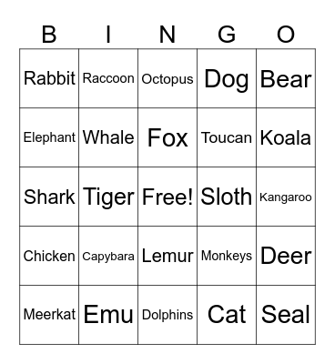 Animals Bingo Card