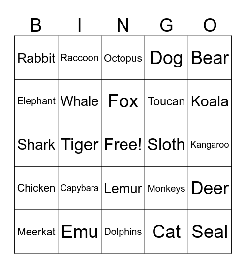 Animals Bingo Card