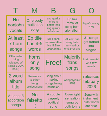 TMBG's 24th Album Bingo Card
