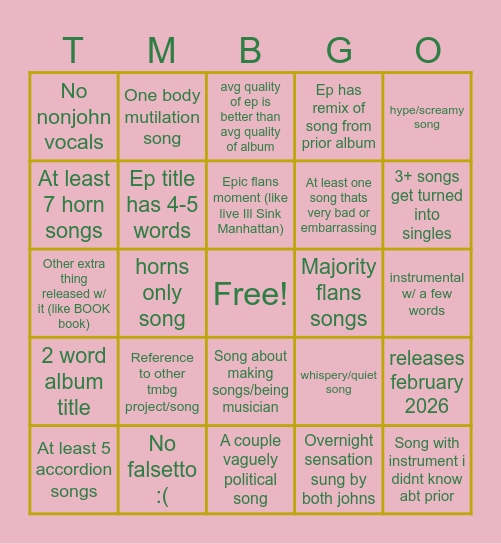 TMBG's 24th Album Bingo Card