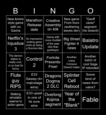 The Game Awards 2025 Bingo Card